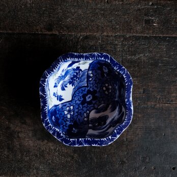 花唐草と蝶々◆青で素敵。伊万里　花蝶文印判鉢　碗　骨董/antiques　古道具　明治〜大正期の画像