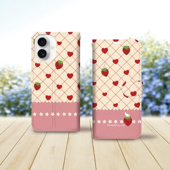 iPhone専用 手帳型スマホケース （カメラ穴あり/はめ込み式/スタンド機能付き）【ストロベリーキャットⅡ】の画像