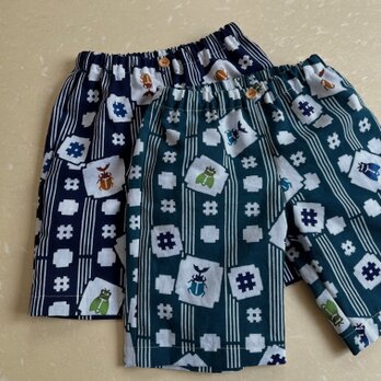 子供　浴衣地ハーフパンツ　注染カブトムシとセミ（緑地）　100～130〈受注製作〉の画像