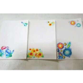 選べる暑中お見舞いⒷ 3枚セット(和紙はがき)　朝顔・ひまわり・花火のイラスト　 パステルアートの画像