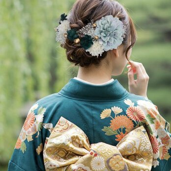 モスグリーンとくすみブルーグリーン　No.MG2　髪飾り　成人式　卒業式　結婚式　成人式髪飾り　卒業式髪飾り　ヘアアクセサリーの画像