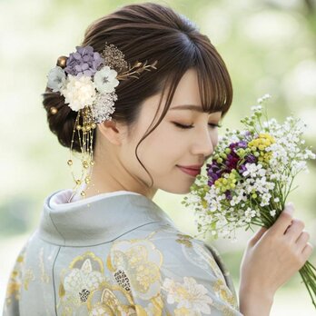 白×紫　枝垂れパールの髪かざり　WP08 白無垢　成人式　卒業式　結婚式　成人式髪飾り　卒業式髪飾り　ヘアアクセサリーの画像