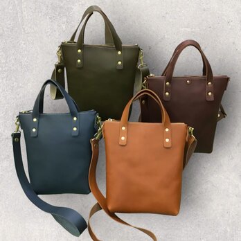 レザー2way縦長ショルダーバッグ（ハンドメイド／２WAY／ファスナー付／幅広ストラップ）