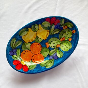 オーバル皿 26cm  花とフルーツ マヨリカ焼き イタリア陶器 OVL057_1の画像