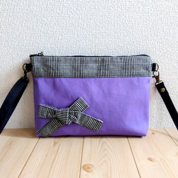 リボンショルダーバッグ　25cmファスナー　グレンチェック×パープル帆布　　745の画像