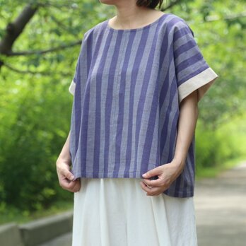 会津木綿の色合わせブラウス（半袖）あけび縞の画像