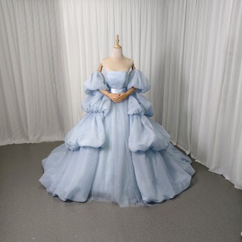 美品！カラードレス 水色 パフスリーブ ツーピース ラッフルフリル キラキラチュール リボントレーン 花嫁の画像