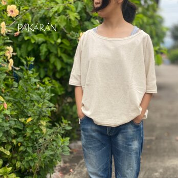 ゆったりドルマンスリーブカットソー 生成り 通気性の良いコットンヘンプ五分丈Tシャツ 体型カバーシルエットの画像