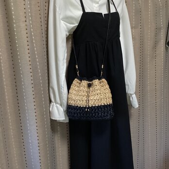 ＜受注制作＞軽量　エコアンダリヤのショルダーバッグ ／ 巾着／カゴバッグ ／ 内布、底板、付きの画像