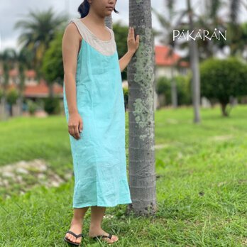 リネンワンピース 涼し気な夏のミントグリーン　ガーゼコットン裏地付き