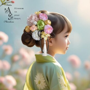⋆10点set⋆ ピンクイエロー：ダリア・ローズ・マム 和風髪飾り《ワイヤー入りピック》の画像