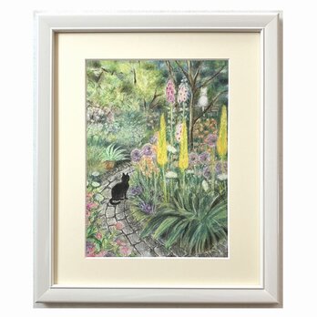 猫のいる庭（パステル画　原画）４号の画像