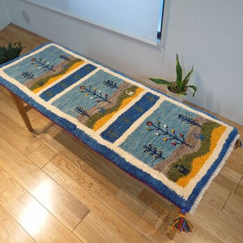 ペルシャ　ギャッベ　ミニランナー　ラグ　115x43cm　 青　風景　RJ15183Gの画像