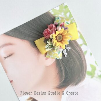 向日葵と薔薇のヘアクリップ リボン　バラ　クリップ　髪飾り ヘア　ヒマワリ　発表会　黄色　イエロー　推し色　リボンの画像