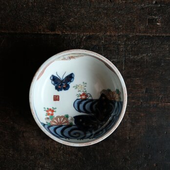 花と鶴と蝶々◆伊万里　花蝶文赤絵金彩浅型中鉢　碗　骨董・antiques 器　暮らしに　明治期の画像