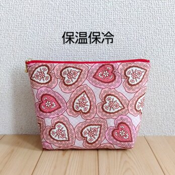 リバティ　保温・保冷の洗えるポーチ　大きめ20cm　ハート　ラブレース　ペールピンク　314の画像