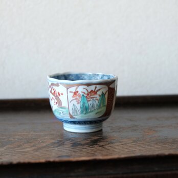 浅葱色のリーフ◆伊万里　花文錦手金彩猪口　梅　蕎麦猪口　向付　骨董　antiques 明治時代の画像