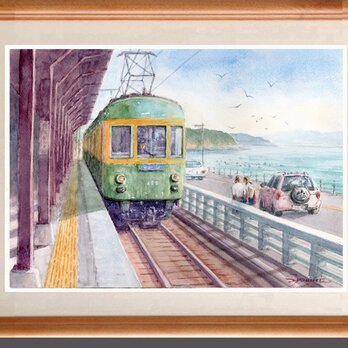 水彩画原画　江ノ電・鎌倉高校前駅と七里ガ浜の海　＃669の画像