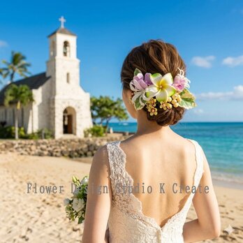 黄緑のプルメリアとオーキッドのヘッドドレス　リゾ婚　海外挙式　結婚式　ウェディング　花嫁ヘア　プルメリア　ヘッドパーツ　髪飾り
