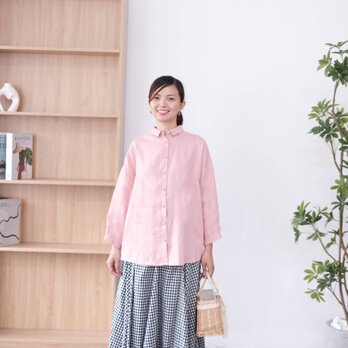 襟付きシャツ　リネン100％・桃色