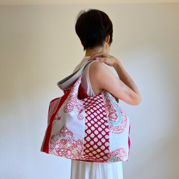 でかくたBag　ラインパッチワーク　レッド系