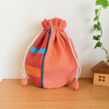 播州織のラウンド巾着袋（オレンジ）