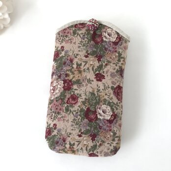 スマホケース スマホポーチ iphoneケース iphoneポーチ 花柄 ベージュ×バーガンディ yuwa 布 スリムの画像