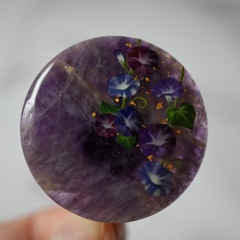 天然石アメジストと朝顔のポニーフック（金沢箔24K入り） 帯留め ブローチの画像
