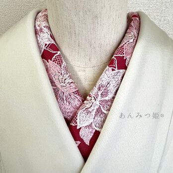 洗える刺繍半衿 大輪の桃色花の画像