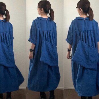 ✴︎リネン100%エジプシアンBlue  丸襟デザイン・七分袖ワンピース即納　　//バッグset**の画像