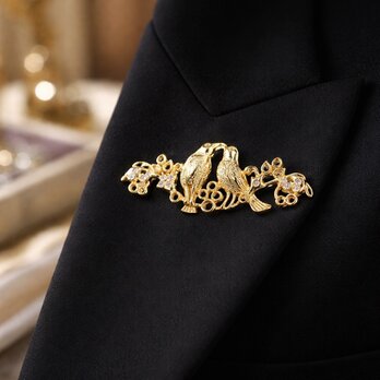 ラブバード 鳥モチーフ ブローチ アンティーク調ゴールド｜大人上品【ebro9-1】