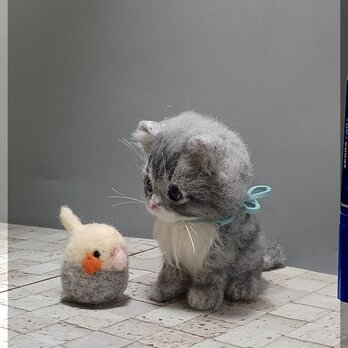 羊毛フェルト　猫　ふさふさな子猫　ねこ　ネコ　猫フィギュアの画像