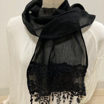 ハンドメイド☆ストール黒リネン花刺繍レースフリンジレース冠婚葬祭の画像