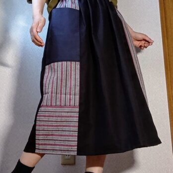 黒コットンと木綿着物レトロ可愛いスカートウエストゴムポケット涼しげ爽やか個性的の画像