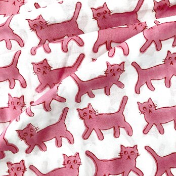 インド ブロックプリント生地 [50cm単位] キャット ピンク ホワイト地B ファブリック 猫 ねこ IF0302