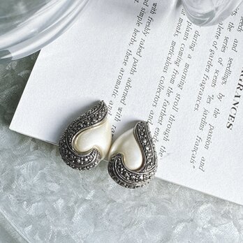 YA181-【 AVON 】エイボン・ヴィンテージイヤリング Faux Pearl Marcasite Teardropの画像