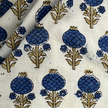 インド ブロックプリント生地 [50cm単位] Ajrak ブルーフラワーonアイボリー SA 花 レトロ IF0305の画像