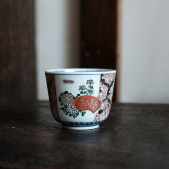 梅と漢字◆青粒も素敵。瀬戸焼　花文色絵金彩猪口　向付　骨董・antiques 大正時代【ニュー有り】の画像