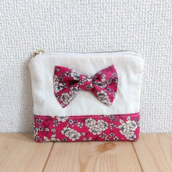 リボン　ミニ12cm☆撥水加工の花柄小さめフラットポーチ　生成帆布×マゼンタピンク　918