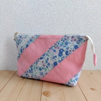 【在庫処分SALE50%OFF】パッチワーク大きめ20cmポーチ　レース　通帳ケース　ブルーデニム×水色花柄　　915