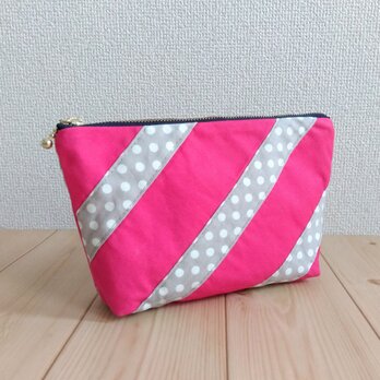 【在庫処分SALE50%OFF】パッチワーク大きめ20cmポーチ　通帳ケース　マゼンタピンク×グレードット　　912