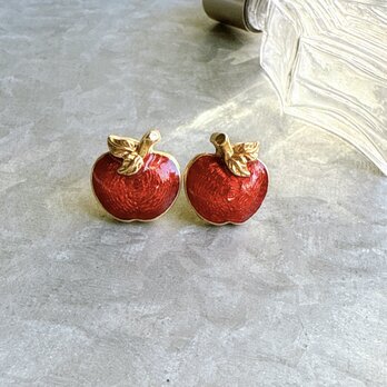 PA400-【 AVON 】エイボン・ヴィンテージピアス 1994 Gold Tone Red Enamel Appleの画像