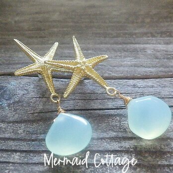 Mermaid Beach Earring ---人魚の耳飾り・ヒトデとカルセドニー☆スタッドピアスの画像