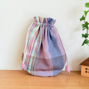 播州織のラウンド巾着袋（ピンク）