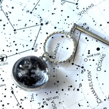 かんざし　満月とシルバーリング　一本挿し　一本簪　夏　シンプル　普段使い　洋風　クリア　宇宙　夜空　星空