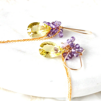 Lemon Amethyst/レモンクォーツコンケーブカットxピンクアメジスト　キドニーフックピアス14kgfの画像