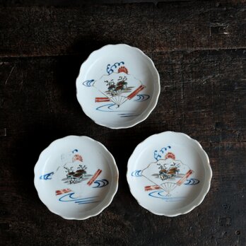奥義に風景◆花と流水。瀬戸焼　色絵金彩小皿3客セット　骨董・antiques　古道具　大正期〜昭和初期の画像