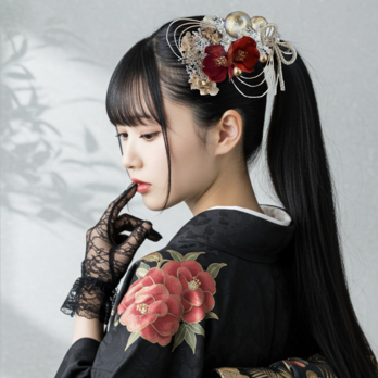 紅椿と鞠玉の髪かざり　No.RC 11　成人式　卒業式　成人式髪飾り　卒業式髪飾り　ヘアアクセサリー　おしゃれ　振袖　着物の画像