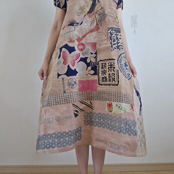 着物リメイク　ハンドメイド　手ぬぐい　柿渋染め　パッチワーク　ワンピースの画像