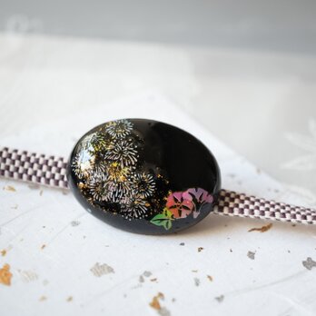 黒瑪瑙と花火、金沢箔の帯留め ブローチ ポニーフック
